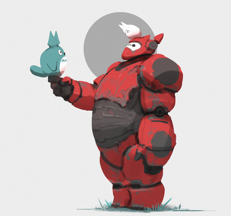Red Robot Holding Bird