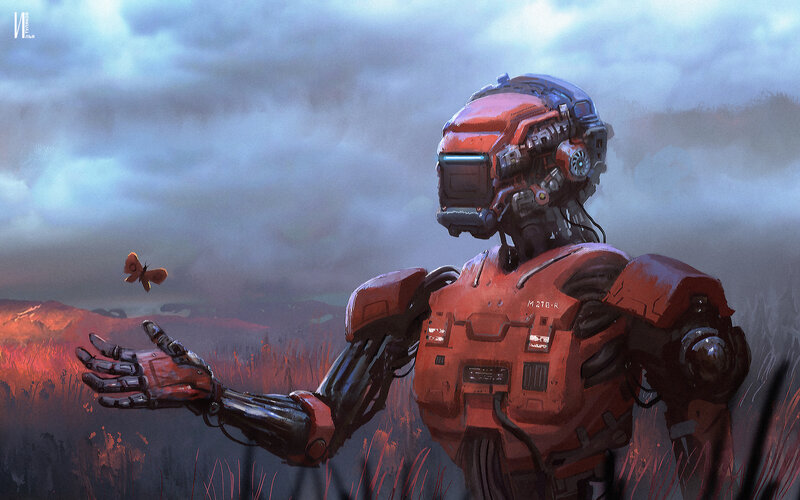 Red Robot in Field — Dramatic