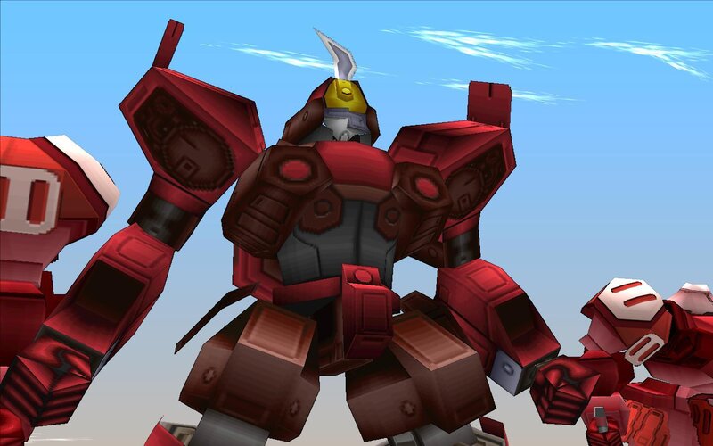 red robot mech in sky