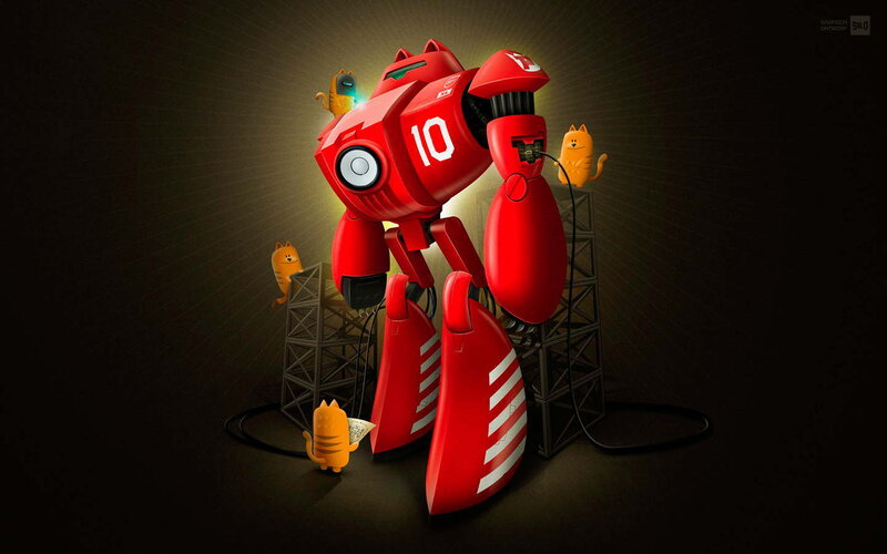 Red robot with cats