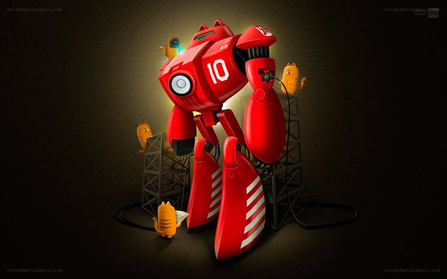 Red robot with cats