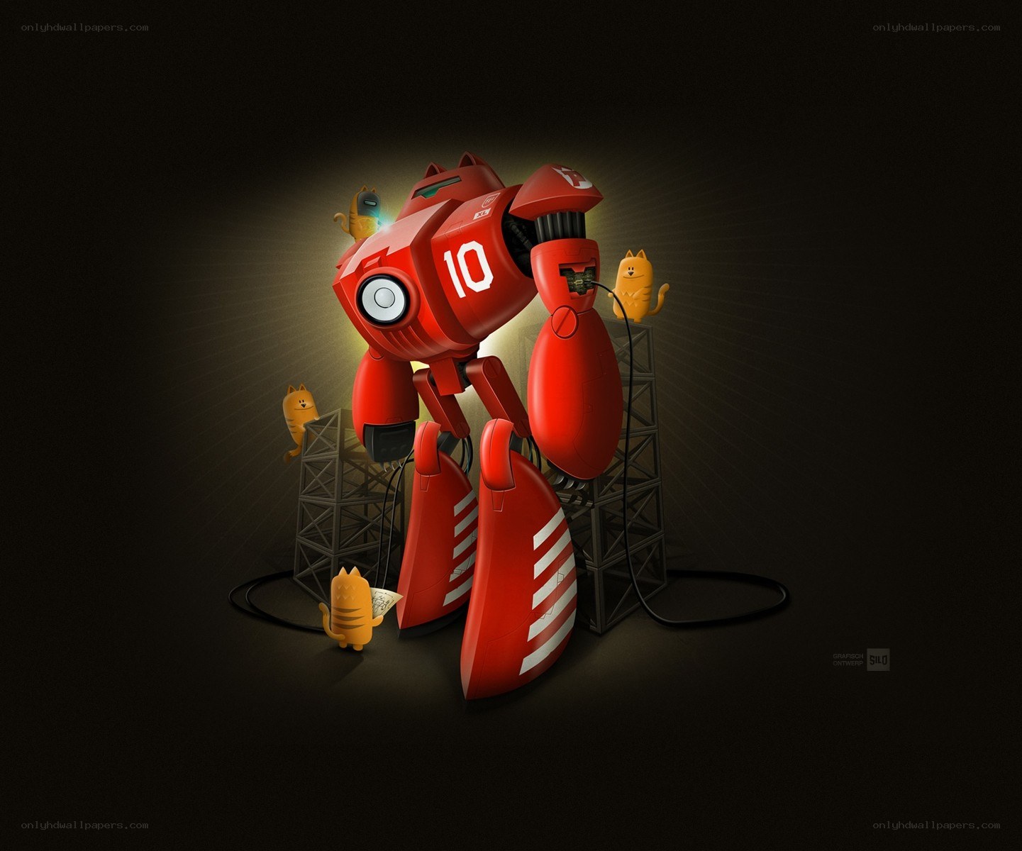 Red robot with cats