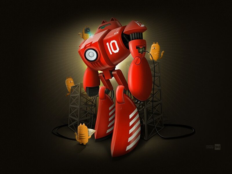Red robot with cats