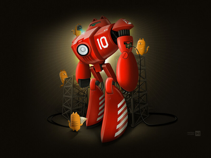 Red Robot with Cats — Dramatic, Night