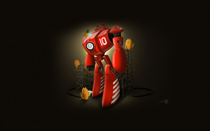 Red Robot with Cats — Dramatic