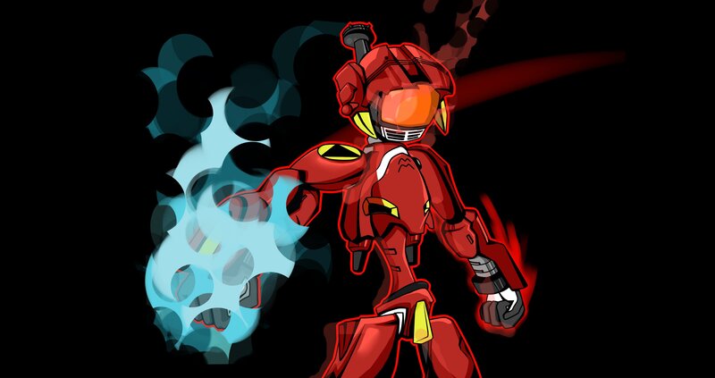 red robot with energy blast