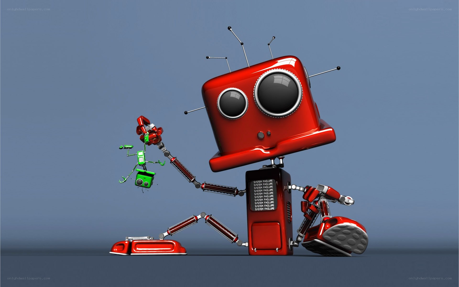 Red robot with green companion