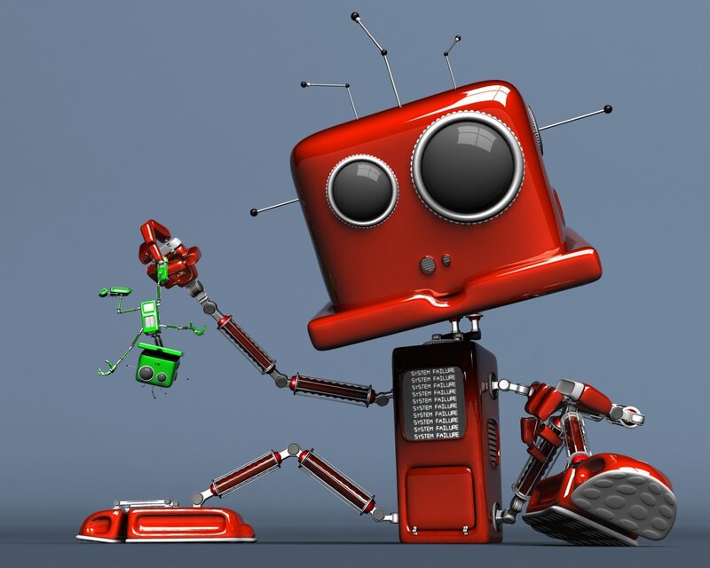 Red robot with green companion