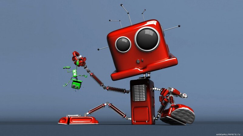 Red robot with green companion