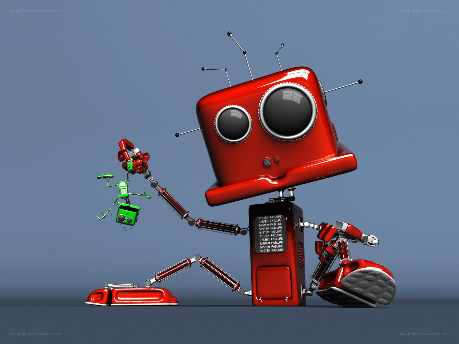 Red robot with green companion