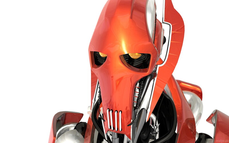 red robotic helmet close-up