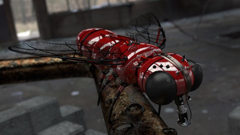 red robotic insect on pipe