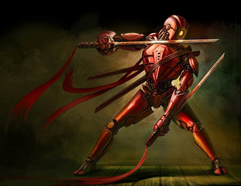 Red Robotic Warrior — Dramatic, Digital Art