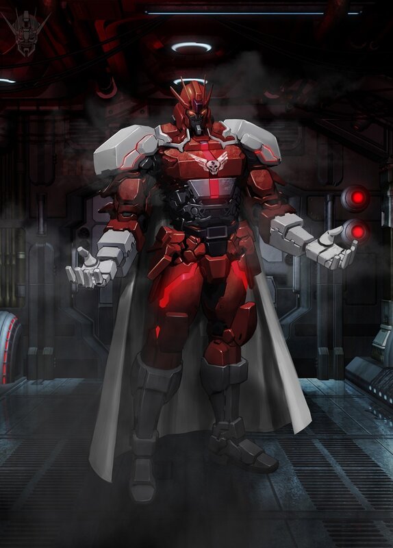 Red robotic warrior in a hangar