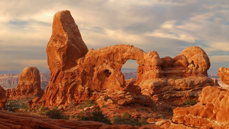Red Rock Arch Formation — Orange, Dramatic, Sunset, Photograph, Rock Formations, Sky, Desert