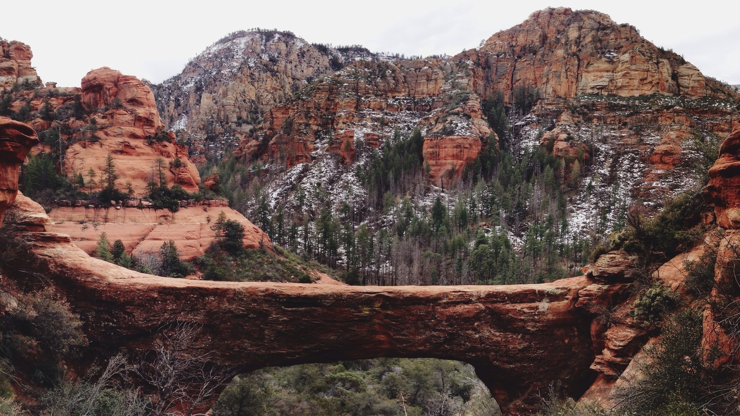 Red rock arch in snowy canyon