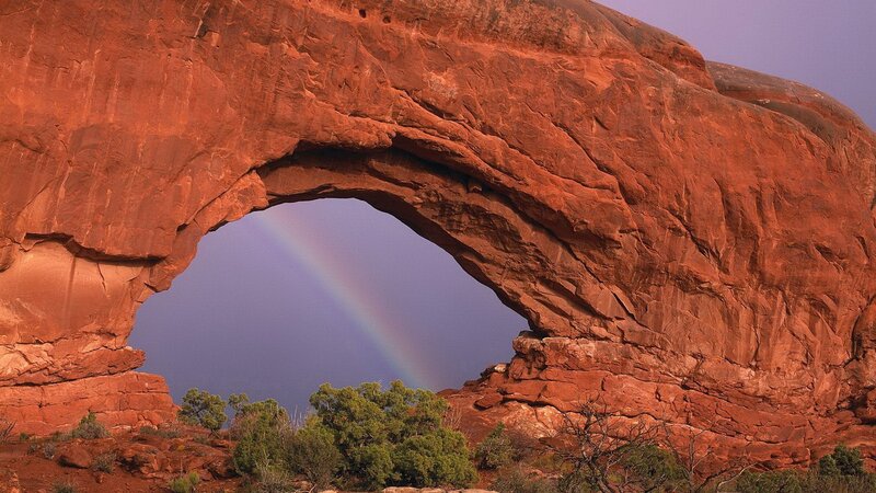 Red Rock Arch with Rainbow — Dramatic, Sunset