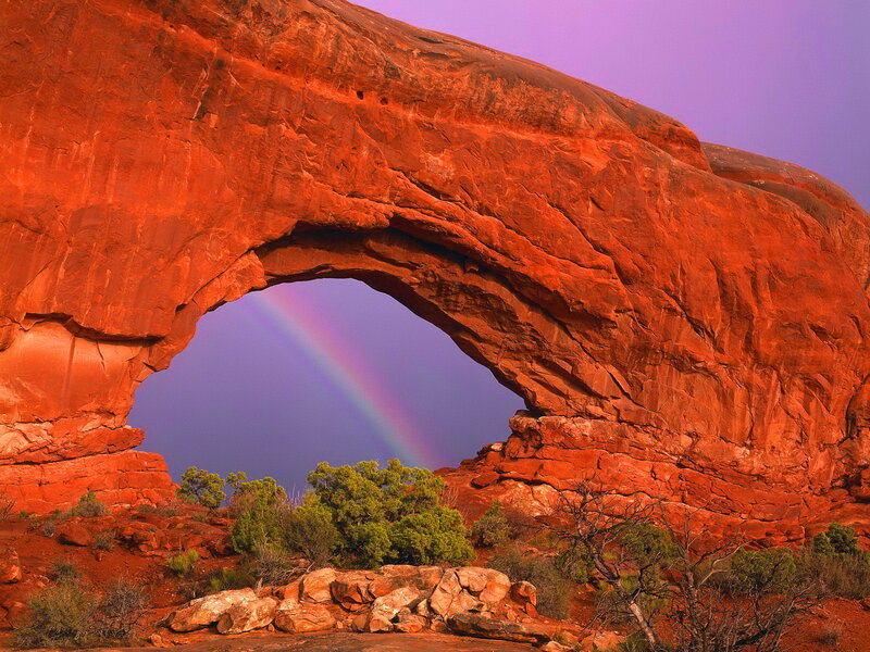 Red Rock Arch with Rainbow — Dramatic