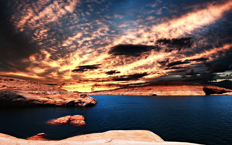 Red Rock Canyon Lake — Blue, Dramatic, Sunset