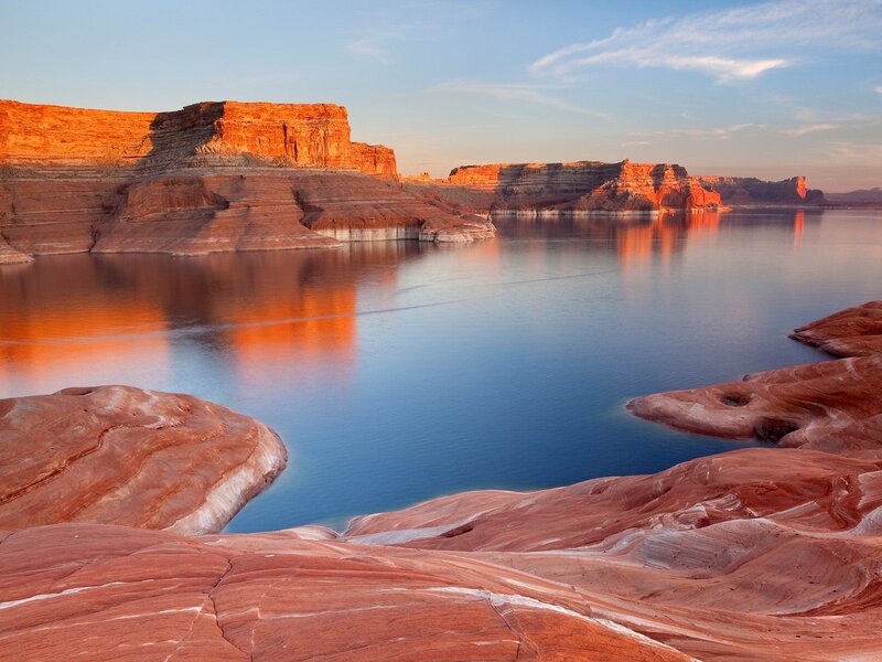 Red Rock Canyon Lake — Blue, Serene, Sunset, Photograph, Sky, Orange
