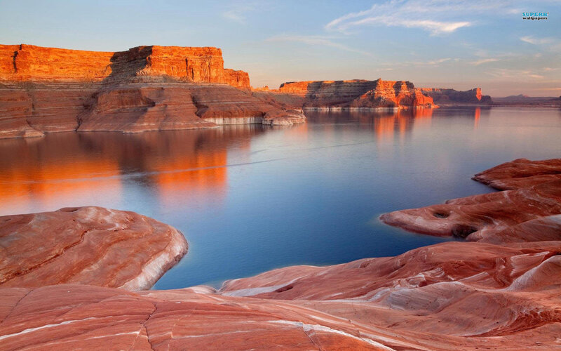 Red Rock Canyon Lake — Blue, Serene, Sunset, Photograph