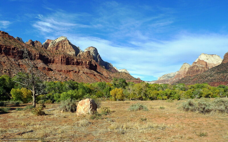 Red Rock Canyon Landscape — Blue, Serene, Afternoon, Photograph, Trees