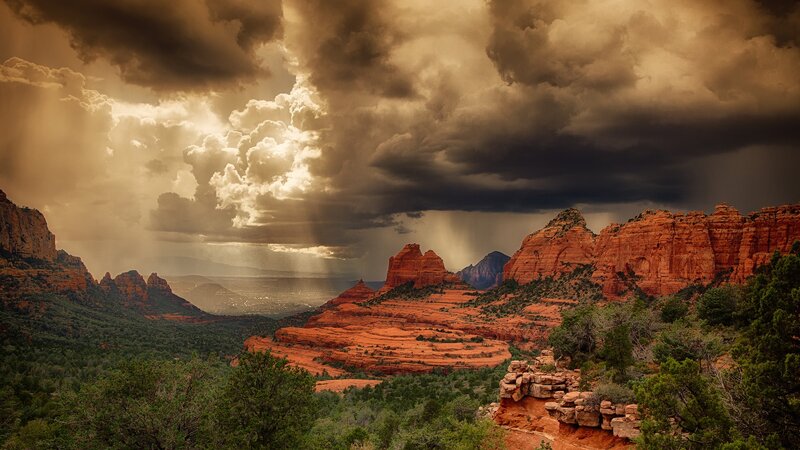 Red Rock Canyon Landscape — Dramatic, Afternoon, Photograph, Clouds, Mountains