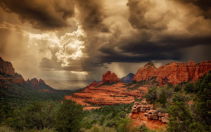 Red Rock Canyon Landscape — Dramatic, Afternoon, Photograph, Clouds