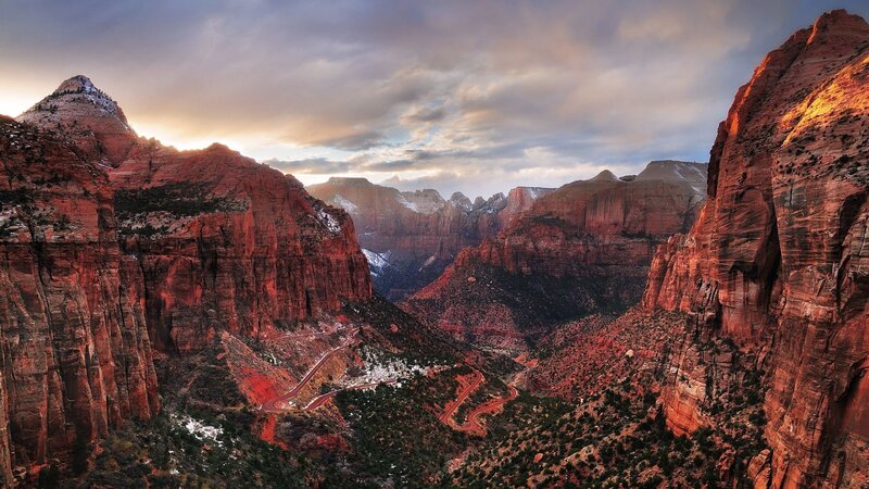 Red Rock Canyon Landscape — Dramatic, Sunset, Photograph, Mountains, Road
