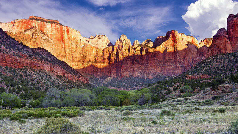 Red Rock Canyon Landscape — Dramatic, Sunset, Photograph, Mountains, Trees, Sky