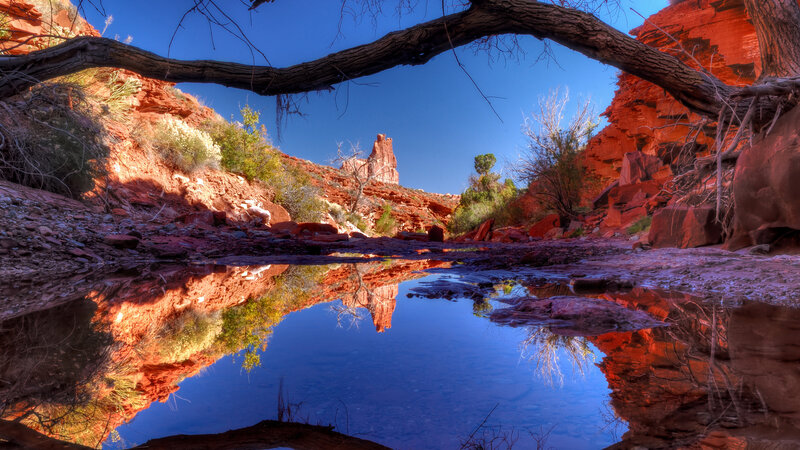 Red Rock Canyon Reflection — Blue, Serene, Afternoon, Photograph