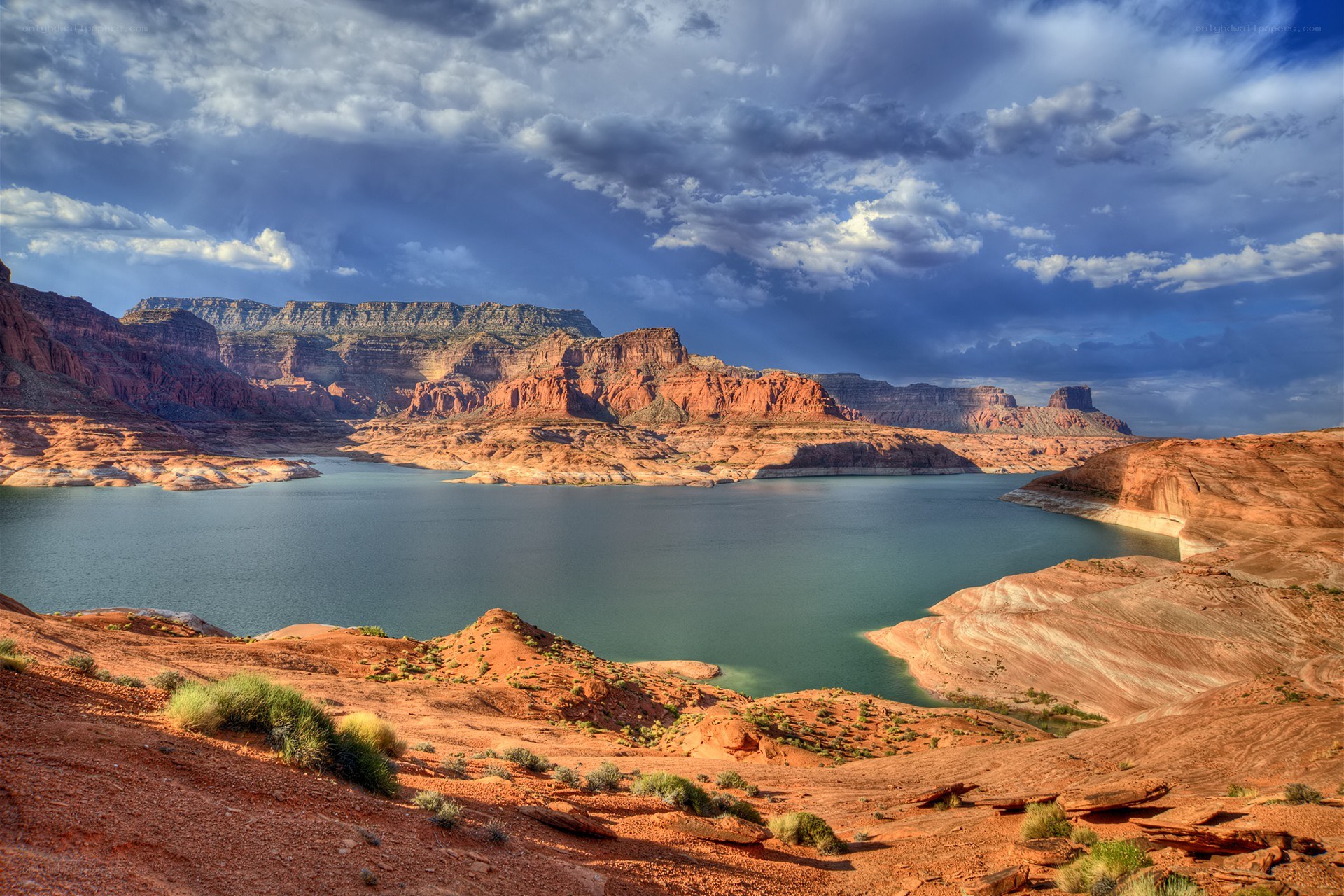 Red rock canyon with lake