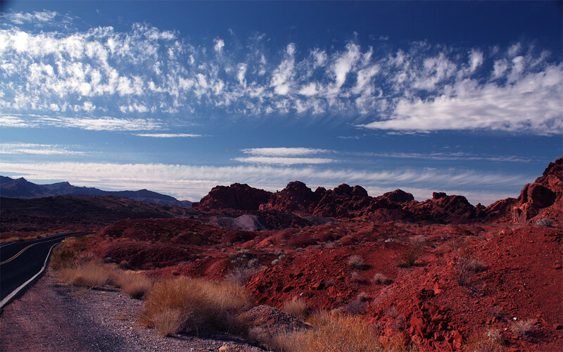 Red Rock Desert Landscape — Dramatic, Afternoon, Photograph, Road
