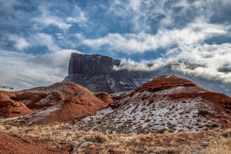 Red Rock Formation — Blue, Dramatic, Winter, Photograph, Clouds