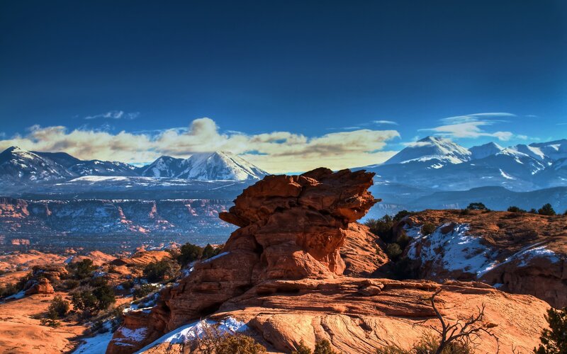 Red Rock Formation — Blue, Dramatic, Winter, Photograph, Mountains, Snow, Clouds