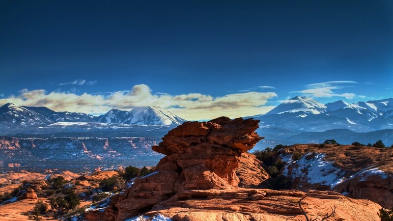 Red Rock Formation — Blue, Dramatic, Winter, Photograph, Mountains, Snow