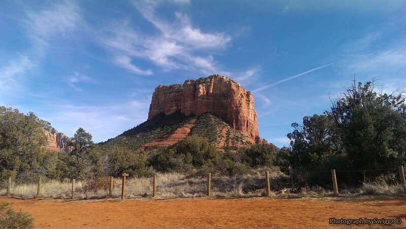 Red Rock Formation — Blue, Serene, Afternoon, Photograph, Trees, Fence