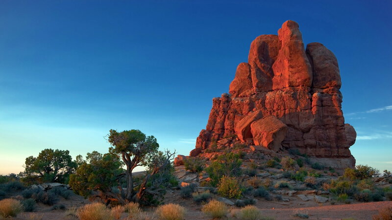 Red Rock Formation — Blue, Serene, Sunset, Photograph