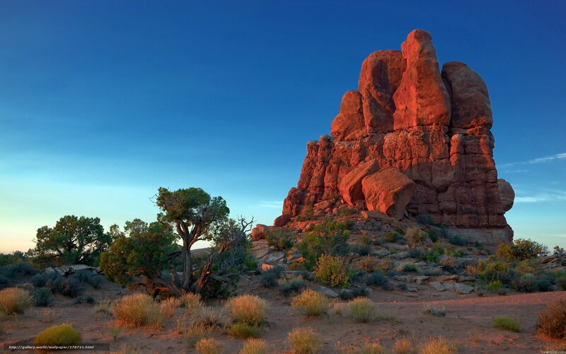 Red Rock Formation — Blue, Serene, Sunset, Photograph, Trees