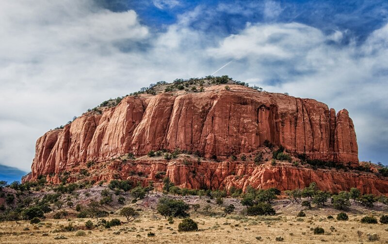 Red Rock Formation — Dramatic, Afternoon, Photograph, Clouds, Trees
