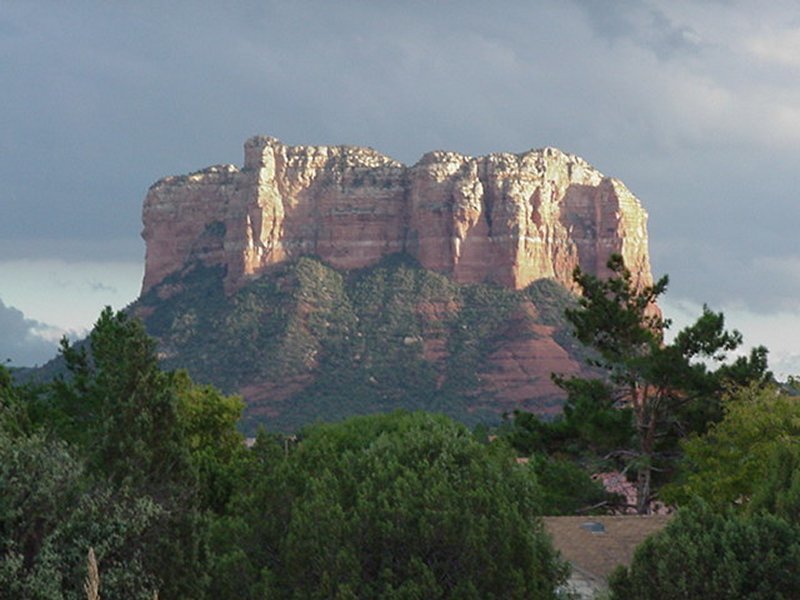 Red Rock Formation — Dramatic, Afternoon, Photograph, Trees, Clouds, Mountain