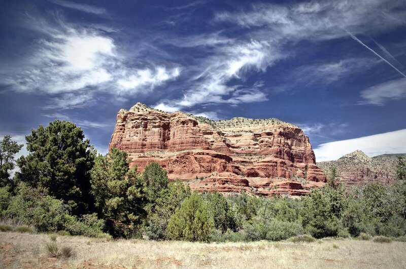 Red Rock Formation — Dramatic, Afternoon, Photograph, Trees, Clouds