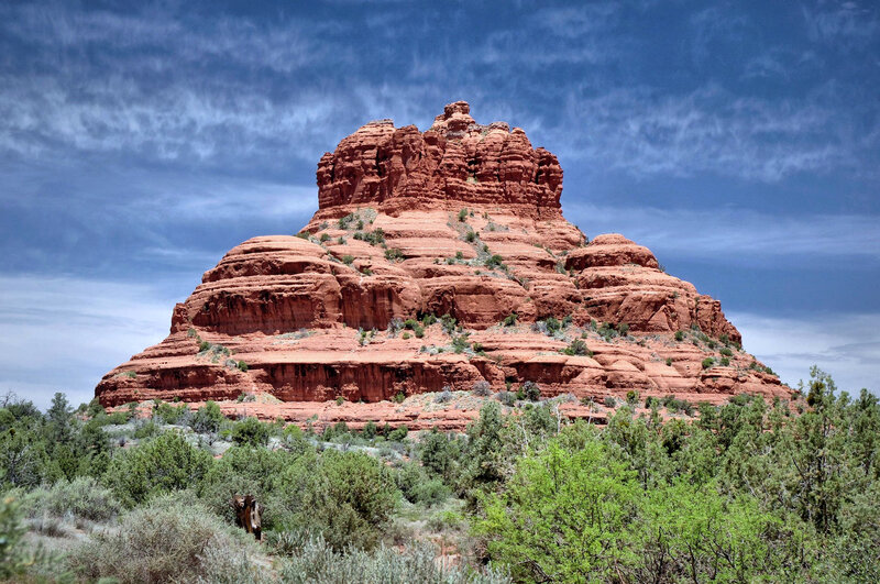 Red Rock Formation — Dramatic, Afternoon, Photograph, Trees, Sky
