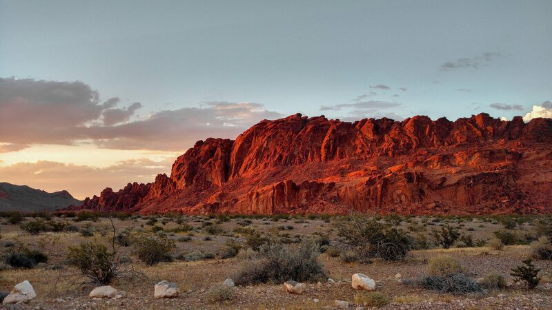 Red Rock Formation — Dramatic, Sunset, Photograph, Desert, Sky, Bushes