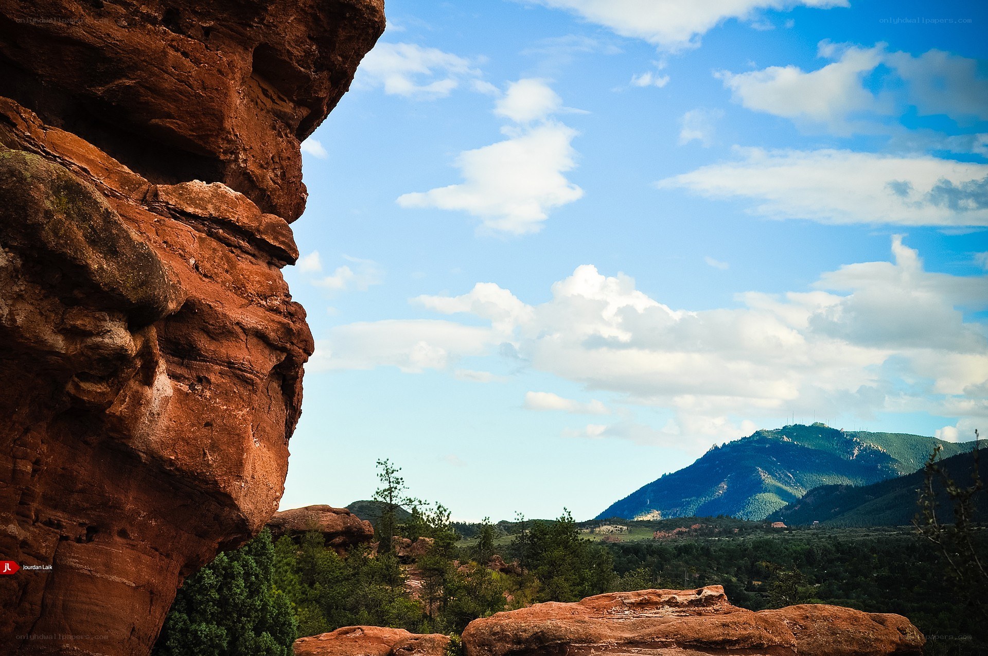 Red rock formations and mountain view