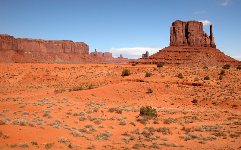 Red Rock Formations — Arid, Afternoon, Photograph, Desert, Sky, Shrubs, Buttes