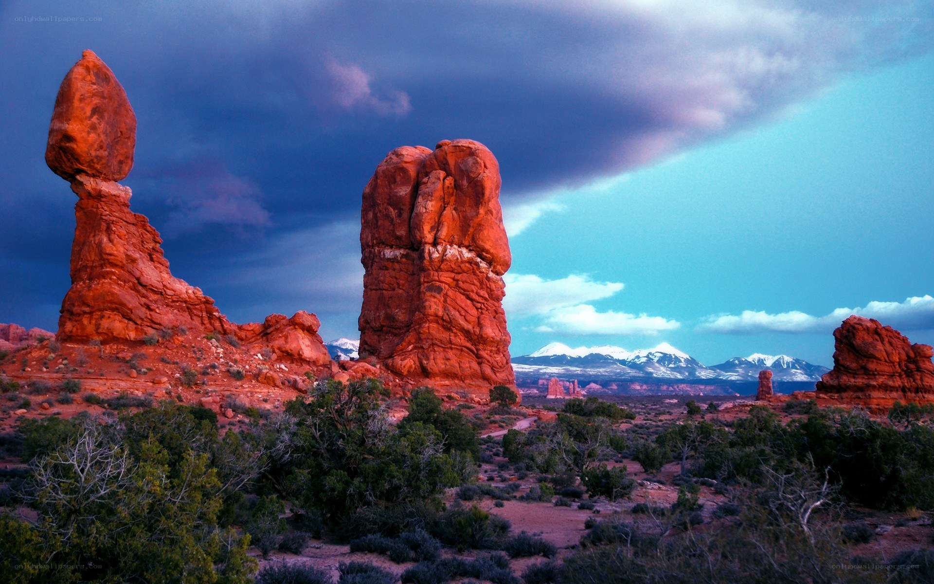 Red rock formations at dusk