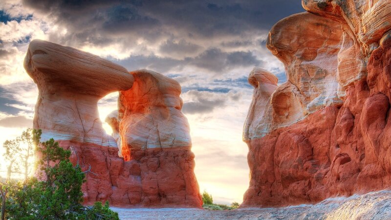 Red rock formations at sunset