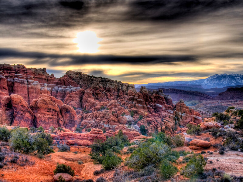 Red rock formations at sunset
