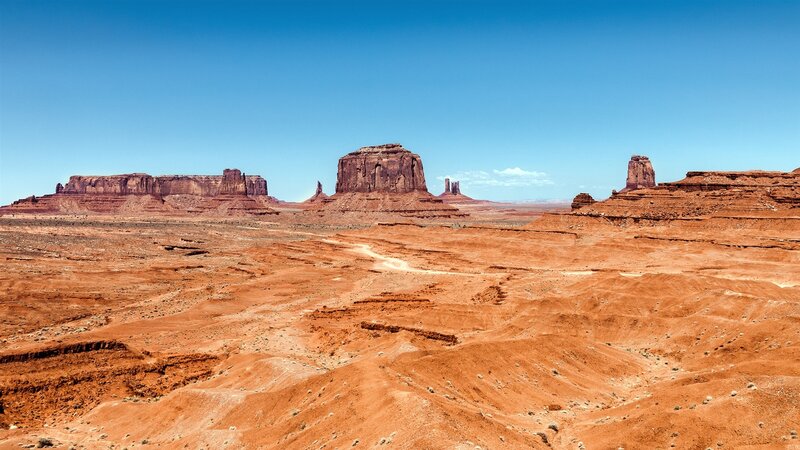 Red Rock Formations — Blue, Arid, Afternoon, Photograph, Desert, Sky, Sand
